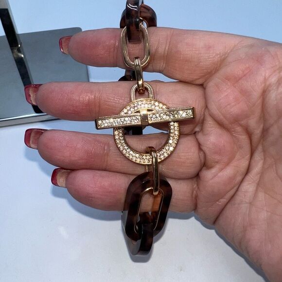 Michael Kors Tortoise Shell Large Link Crystal Rose Gold Toggle Bracelet - Picture 1 of 7